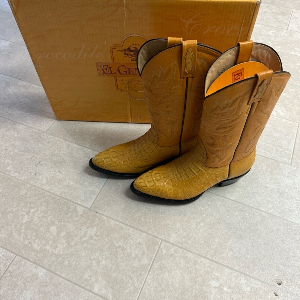 El General Tan Gold Western Boots with Block Heel Pointed Toe Cowboy Boots 6